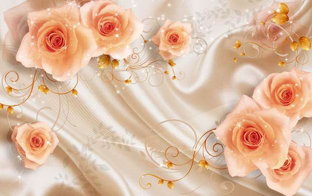 3Д Фотообои - Светло кремовые розы на фоне шелка