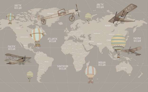 Постер - Карта мира с самолетами и воздушными шарами, 45 x 30 см, Холст на подрамнике, Города и Карты