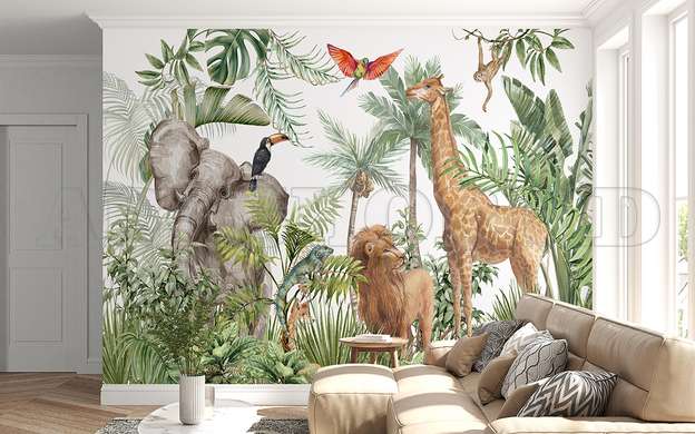 Wall mural - Safari animals in the jungle and exotic birds