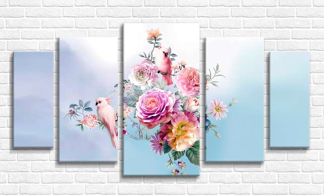 Модульная картина, Попугаи и цветы, 108 х 60