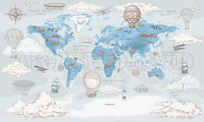 Wall Mural - World map vintage style, blue gray colors, in English