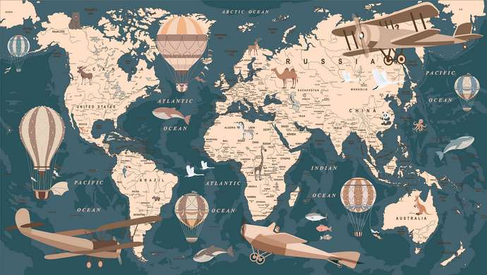 Nursery Wall Mural - World map with retro aviation