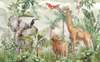 Wall mural - Safari animals in the jungle and exotic birds on a green background