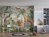 Wall mural - Safari animals in the jungle and exotic birds on a green background