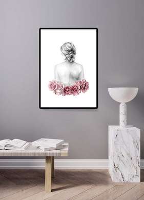 Постер - Девушка и нежно розовые цветы, 30 x 45 см, Холст на подрамнике