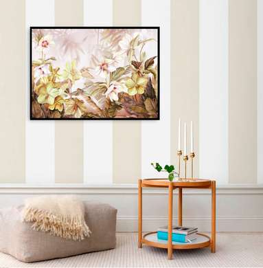 Poster - Golden flowers on a beige background, 90 x 60 см, Framed poster, Botanical