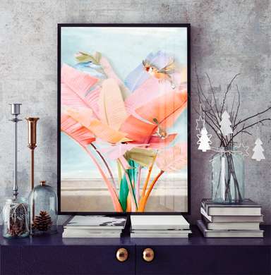Poster - Pink leaves, 45 x 90 см, Framed poster on glass, Botanical