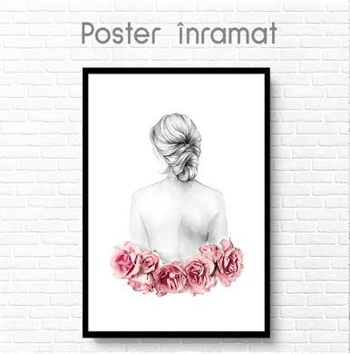 Постер - Девушка и нежно розовые цветы, 60 x 90 см, Постер на Стекле в раме