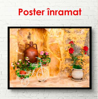 Poster - Street with flower pots, 90 x 60 см, Framed poster, Vintage