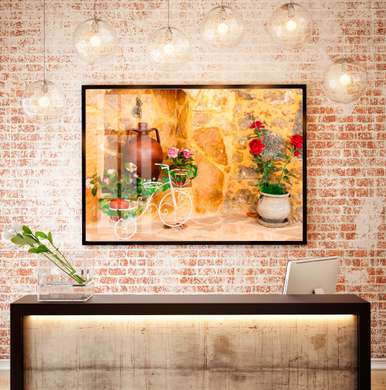 Постер - Улочка с горшками с цветами, 90 x 60 см, Постер в раме, Винтаж