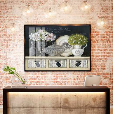 Poster - Vases with flowers on a white chest of drawers, 90 x 60 см, Framed poster, Provence