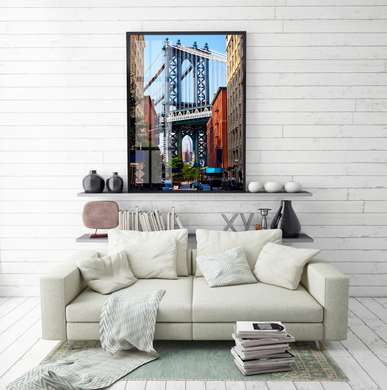 Poster - Podul Brooklyn pe fundalul orașului, 60 x 90 см, Poster inramat pe sticla, Orașe și Hărți