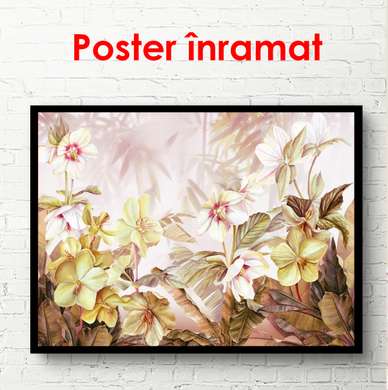 Постер - Золотистые цветы на бежевом фоне, 90 x 60 см, Постер в раме, Ботаника