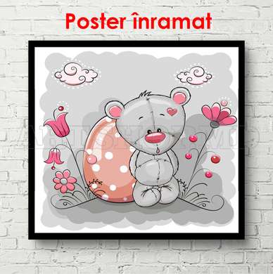 Постер - Мишки Тедди на сером фоне, 100 x 100 см, Постер на Стекле в раме, Для Детей