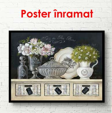 Постер - Вазы с цветами на белом комоде, 90 x 60 см, Постер в раме, Прованс