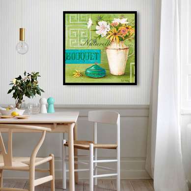 Постер - Белая ваза с белыми цветами на зеленом фоне, 100 x 100 см, Постер в раме, Прованс