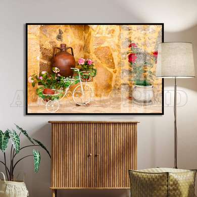 Постер - Улочка с горшками с цветами, 90 x 60 см, Постер в раме, Винтаж