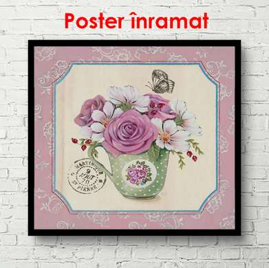 Poster - Pink rose in a vase, 100 x 100 см, Framed poster on glass, Provence