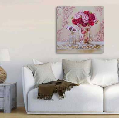 Poster - Flori roz într-o vază pe masă, 100 x 100 см, Poster înrămat, Provence