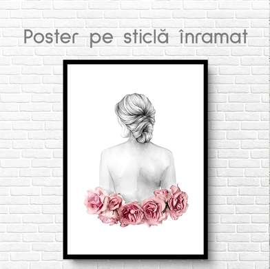 Poster - Domnisoara si florile roz pal, 60 x 90 см, Poster inramat pe sticla