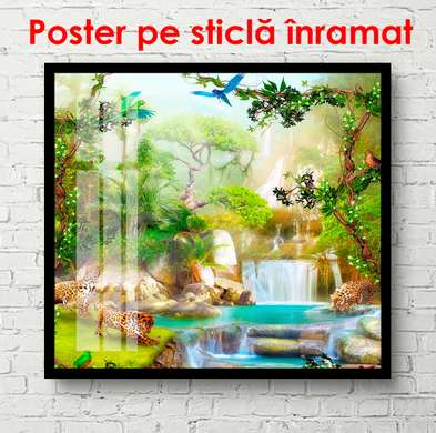 Poster - Blue waterfall in the park, 100 x 100 см, Framed poster on glass, Nature