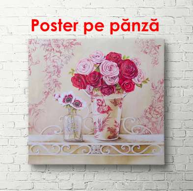 Poster - Pink flowers in a vase on the table, 100 x 100 см, Framed poster, Provence