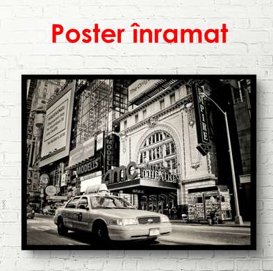 Постер - Черно белый автомобиль в городе, 90 x 60 см, Постер в раме, Черно Белые