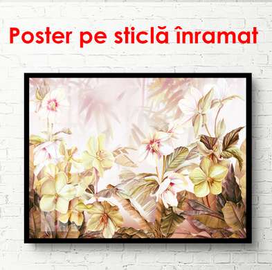 Постер - Золотистые цветы на бежевом фоне, 90 x 60 см, Постер в раме, Ботаника