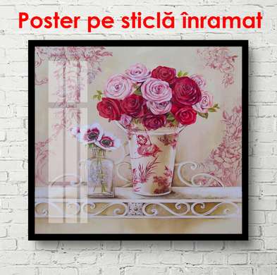 Poster - Flori roz într-o vază pe masă, 100 x 100 см, Poster înrămat, Provence