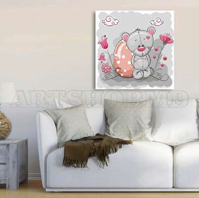 Poster - Teddy bears on a gray background, 100 x 100 см, Framed poster on glass, For Kids