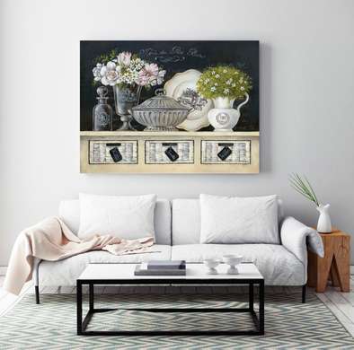 Poster - Vases with flowers on a white chest of drawers, 90 x 60 см, Framed poster, Provence