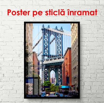 Постер - Бруклинский мост на фоне города, 60 x 90 см, Постер в раме, Города и Карты
