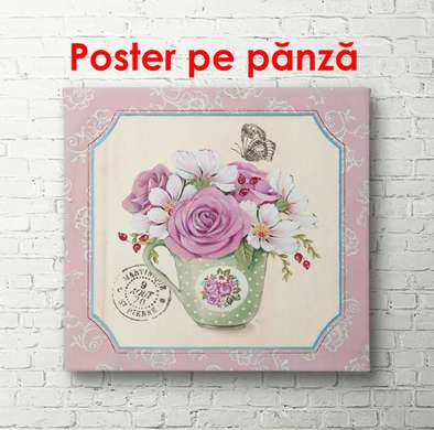 Poster - Trandafirul roz într-o vază, 100 x 100 см, Poster inramat pe sticla, Provence