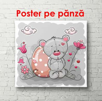 Постер - Мишки Тедди на сером фоне, 100 x 100 см, Постер на Стекле в раме, Для Детей