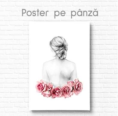 Poster - Domnisoara si florile roz pal, 60 x 90 см, Poster inramat pe sticla