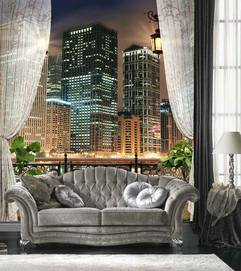 Фотообои - Балкон с видом на ночной мегаполис