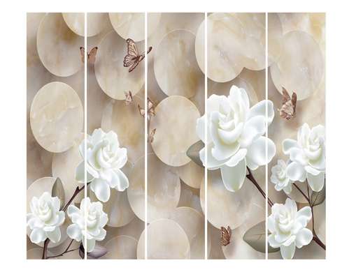 Ширма - Белые цветы и бабочки на трехмерном фоне, 7