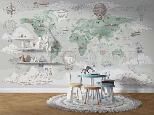 Wall Mural - World map vintage style, green gray colors, in English