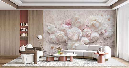 Fototapet - Flori albe pe fundal de pereți din cărămida bej