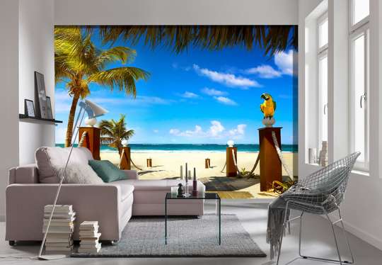 Wall Mural - Sunny morning on the background of palm trees and the beach