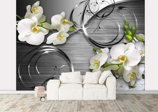 Wall Mural - White orchid on a gray background with black patterns