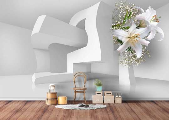 3D Wallpaper - White lilies on the background of an abstract building