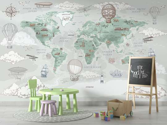Фотообои - Карта мира в винтажном стиле, зелено-серые цвета, на английском языке
