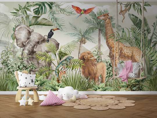 Wall mural - Safari animals in the jungle and exotic birds on a green background