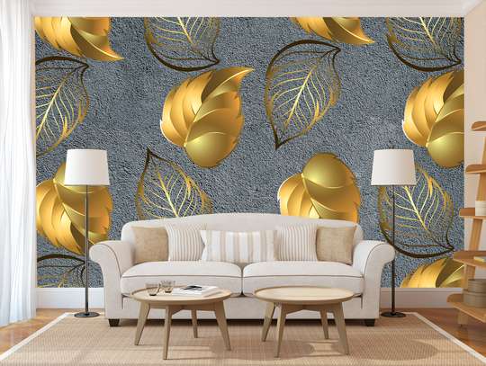 Wall Mural - Golden leaves on a gray background