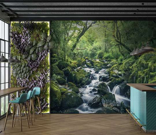 Wall mural - Rocky waterfall in the green forest