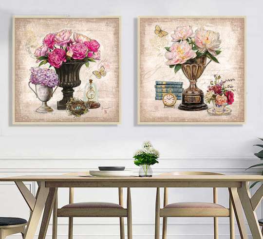 Poster - Bouquets with peonies 9, 80 x 80 см, Framed poster on glass