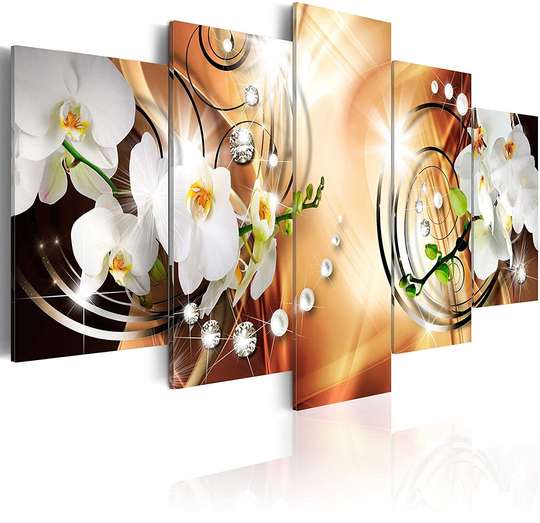 Modular picture, White orchids on an orange background, 108 х 60