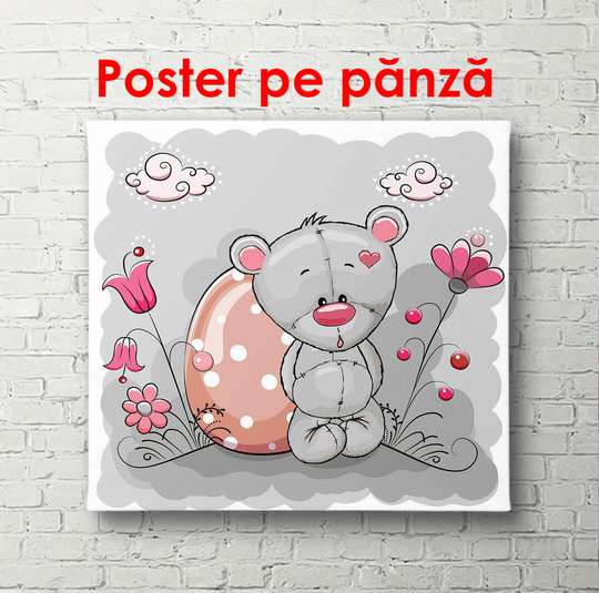 Постер - Мишки Тедди на сером фоне, 100 x 100 см, Постер в раме, Для Детей