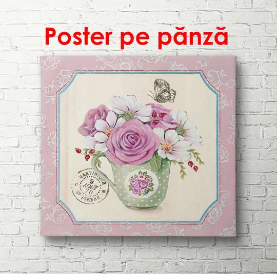 Poster - Trandafirul roz într-o vază, 100 x 100 см, Poster inramat pe sticla